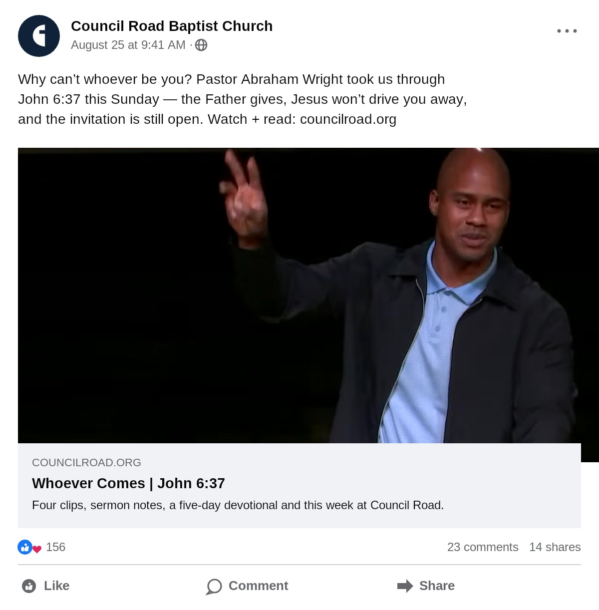 Council Road sermon shared on Facebook