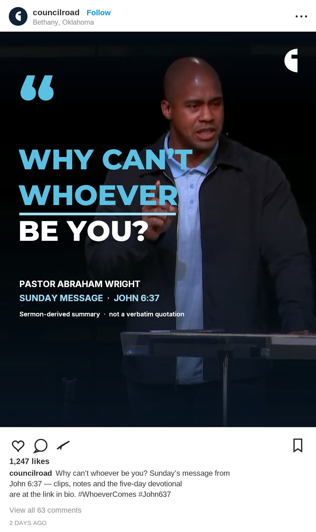 Council Road sermon shared on Instagram